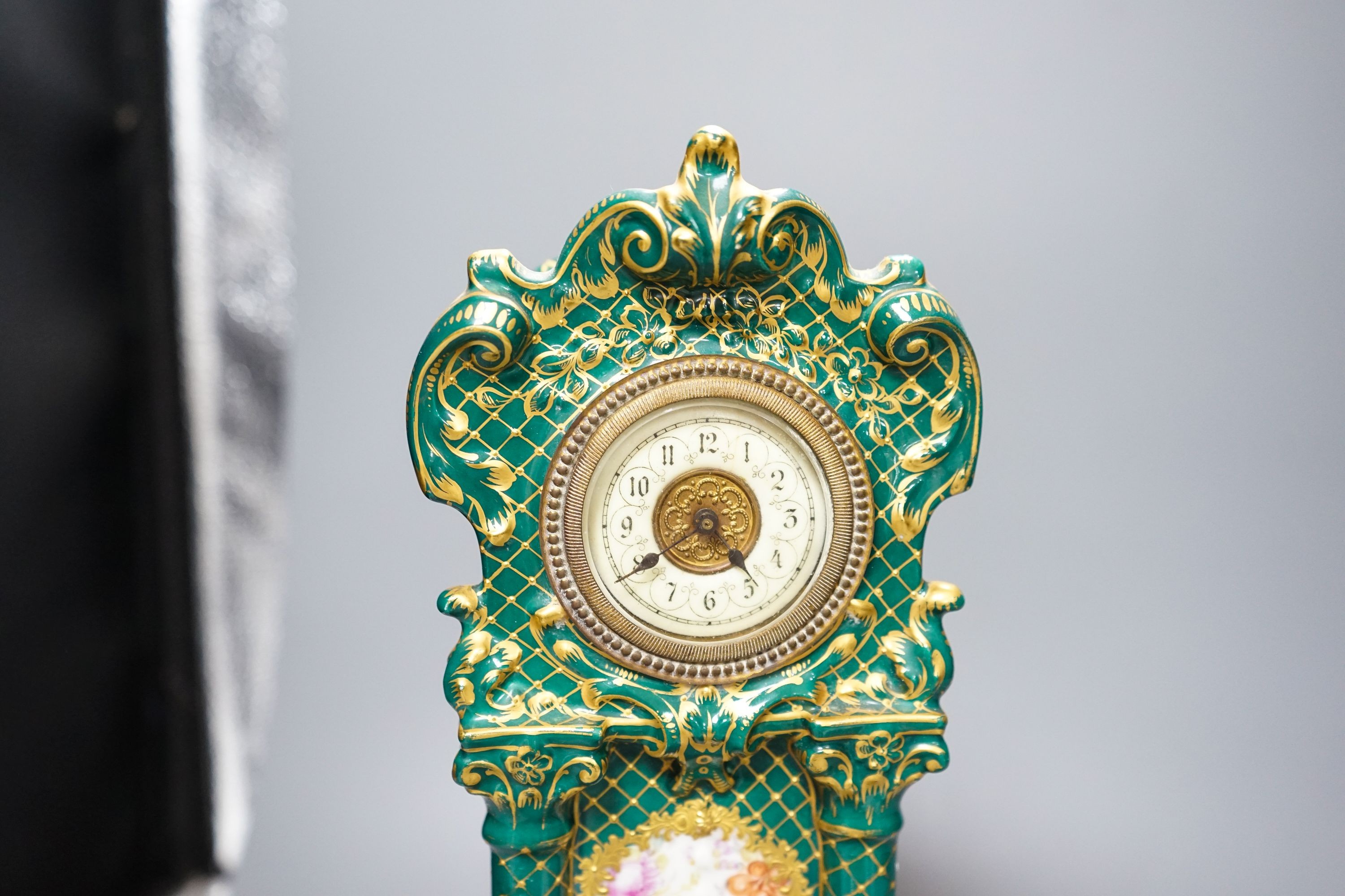 A Dresden porcelain model longcase timepiece and matching ink stand 34cm